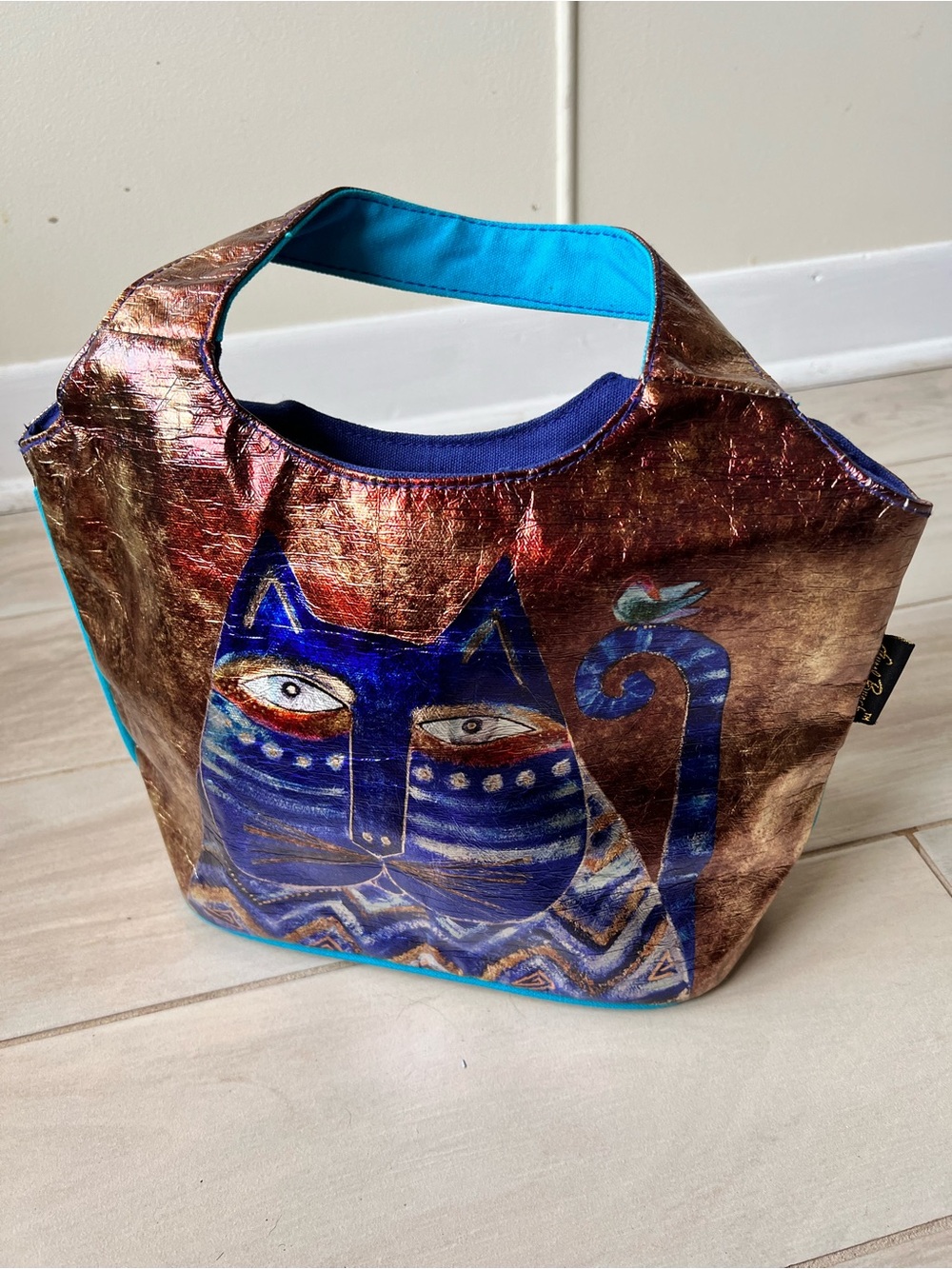 Laurel Burch Metallic Bronze Tote with Blue Cat Artwork